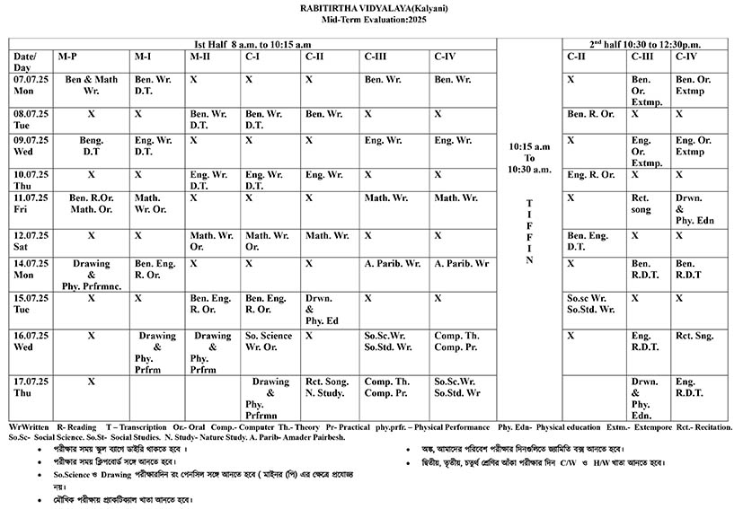 MID-TERM EVALUATION (2025) SCHEDULE<br>RABITIRTHA VIDYALAYA (KALYANI)