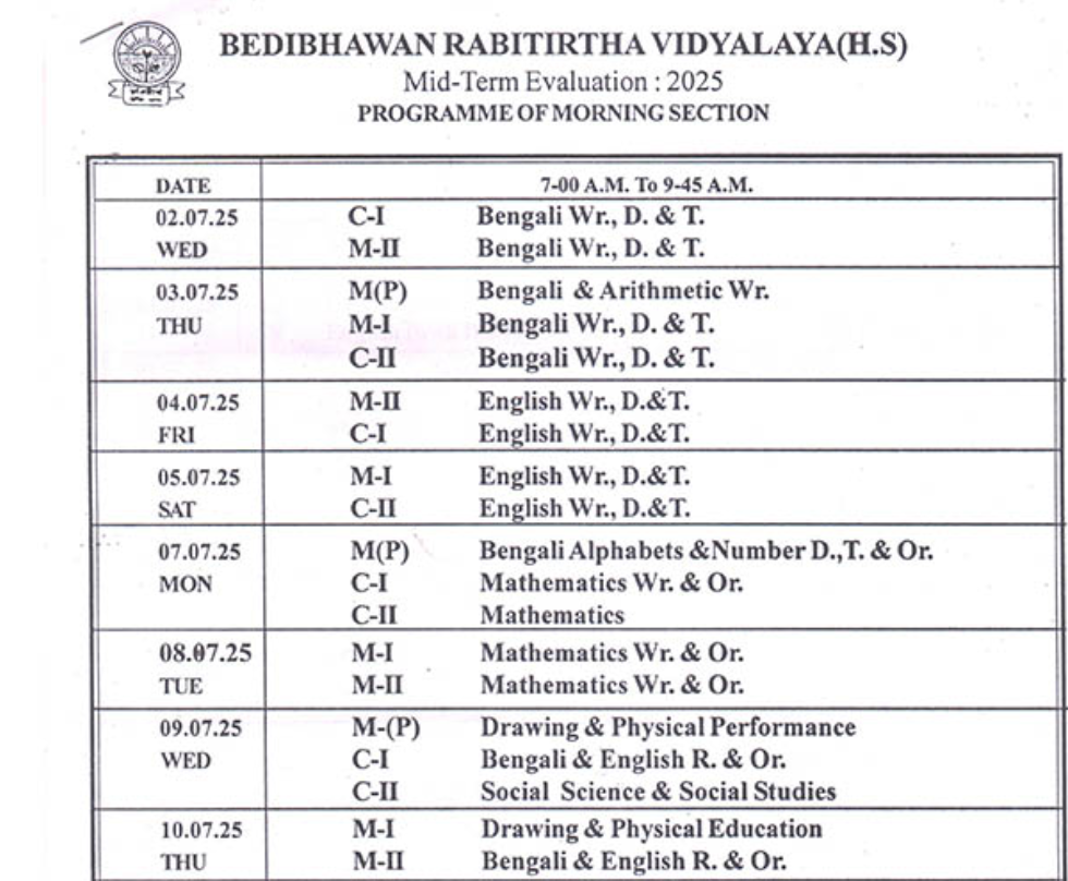 MID-TERM EVALUATION (2025) SCHEDULE<br>BEDIBHAWAN RABITIRTHA VIDYALAYA